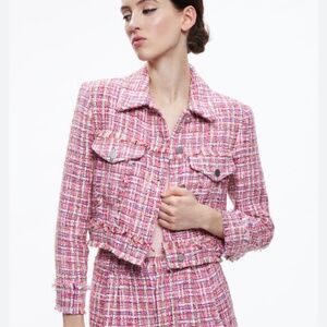 Alicia + Olivia Chloe Tweed Cropped Jacket Pink Multi-Color Frayed Hem Lined XL